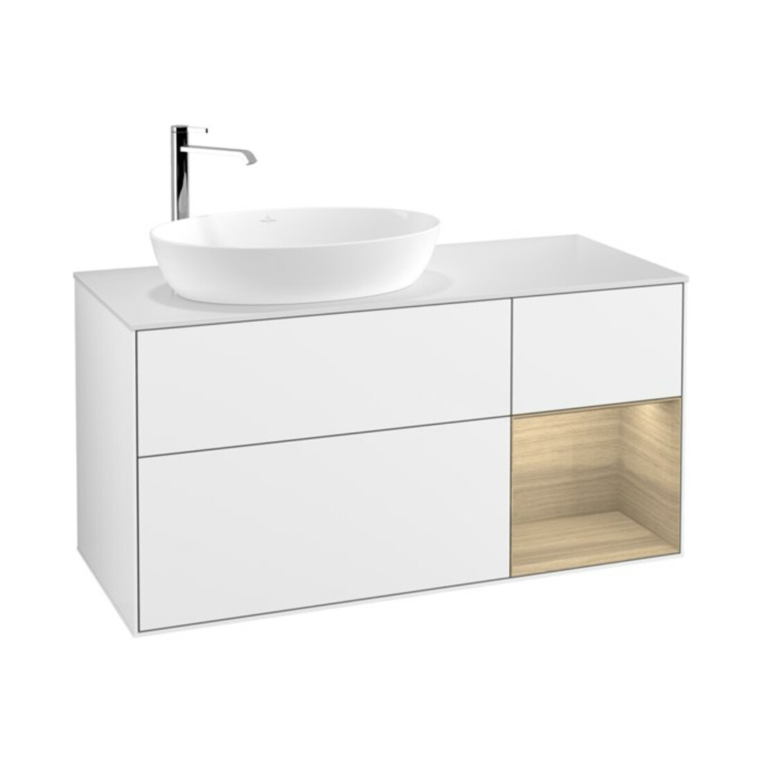 V&B Meuble sous lavabo Finion 120 cm, placage blanc mat, tiroir, blanc laqué brillant