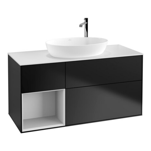 V&B Meuble sous lavabo Finion 120 cm, placage blanc mat, tiroir blanc mat laqué, bleu mat laqué