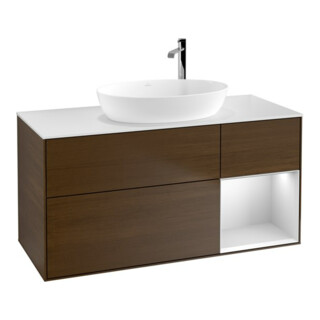 V&B Meuble sous lavabo Finion 120 cm, placage blanc mat, tiroir blanc mat laqué, noyer veinée