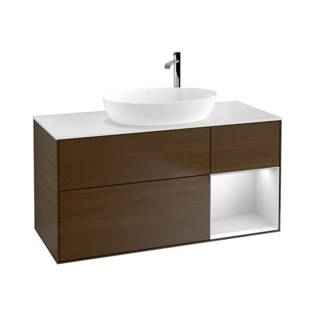 V&B Meuble sous lavabo Finion 120 cm, placage blanc mat, tiroir blanc mat laqué, noyer veinée
