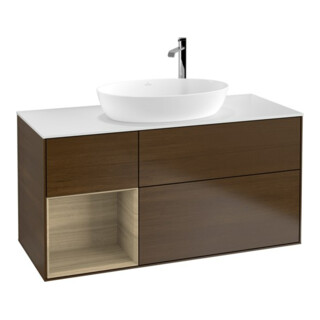 V&B Meuble sous lavabo Finion 120 cm, placage blanc mat, tiroir Oa ven, placage noyer ven