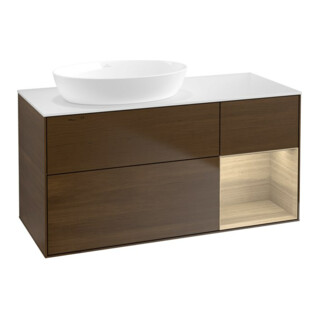 V&B Meuble sous-lavabo Finion 120 cm, placage blanc mat, tiroir Oa ven, placage noyer ven
