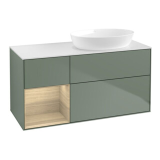 V&B Meuble sous lavabo Finion 120 cm, placage blanc mat, tiroir ouvert, poignée métal laqué
