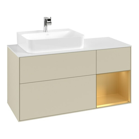 V&B Meuble sous lavabo Finion 120 cm, placage blanc mat, tiroir réglable, gris mat laqué