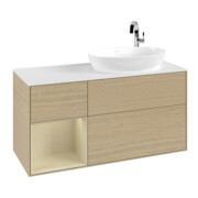 V&B Meuble sous lavabo Finion 120 cm, placage blanc mat, tiroirs gris mat laqué, poignées en métal