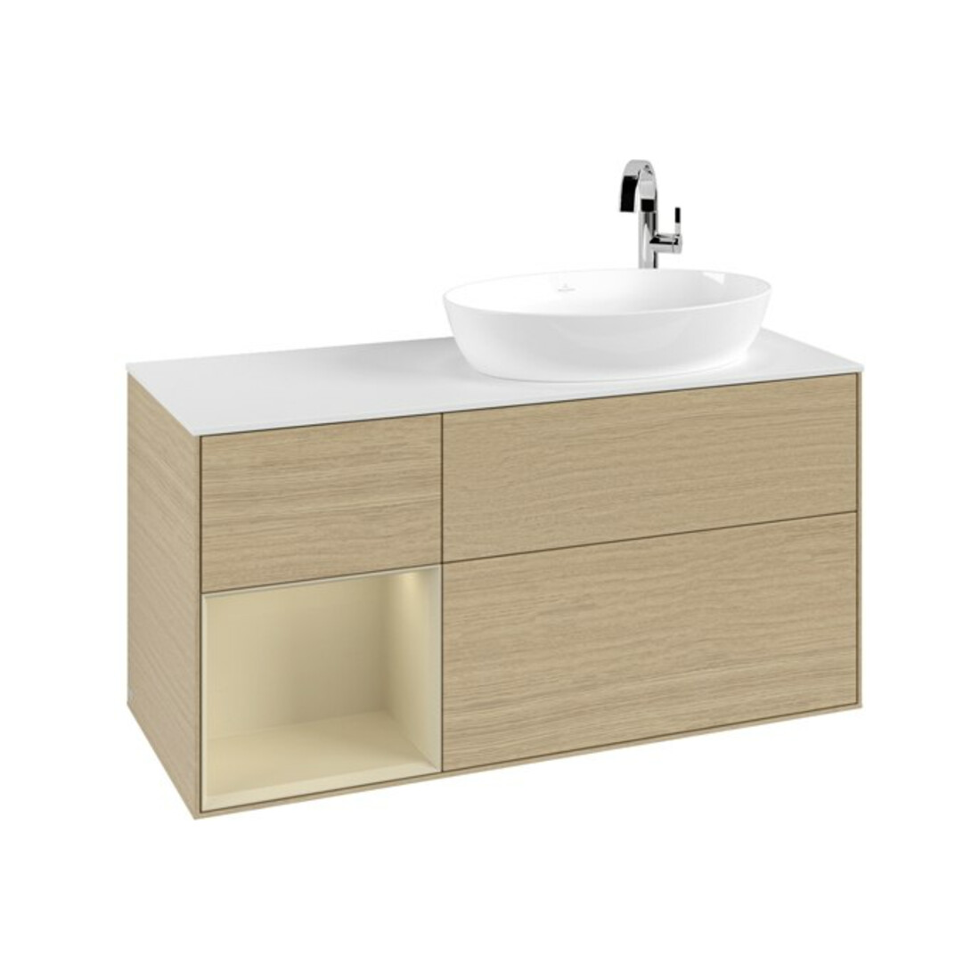 V&B Meuble sous lavabo Finion 120 cm, placage blanc mat, tiroirs gris mat laqué, poignées en métal