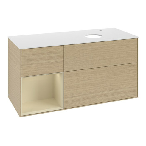 V&B Meuble sous lavabo Finion 120 cm, placage blanc mat, tiroirs gris mat laqué, poignées en métal