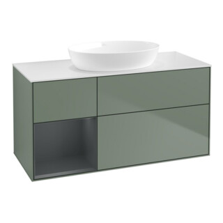 V&B Meuble sous-lavabo Finion 120 cm, placage blanc mat, tiroirs médium mat laqué, olivier mat laqué