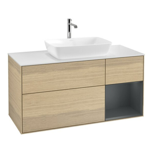 V&B Meuble sous lavabo Finion 120 cm, placage blanc, réglette LED, façade laquée, poignée ven