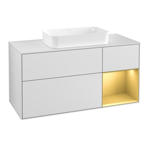 V&B Meuble sous-lavabo Finion 120 cm, placage blanc, tiroir à droite, blanc laqué