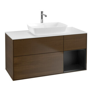 V&B Meuble sous lavabo Finion 120 cm, placage blanc, tiroir bleu, noyer veneer