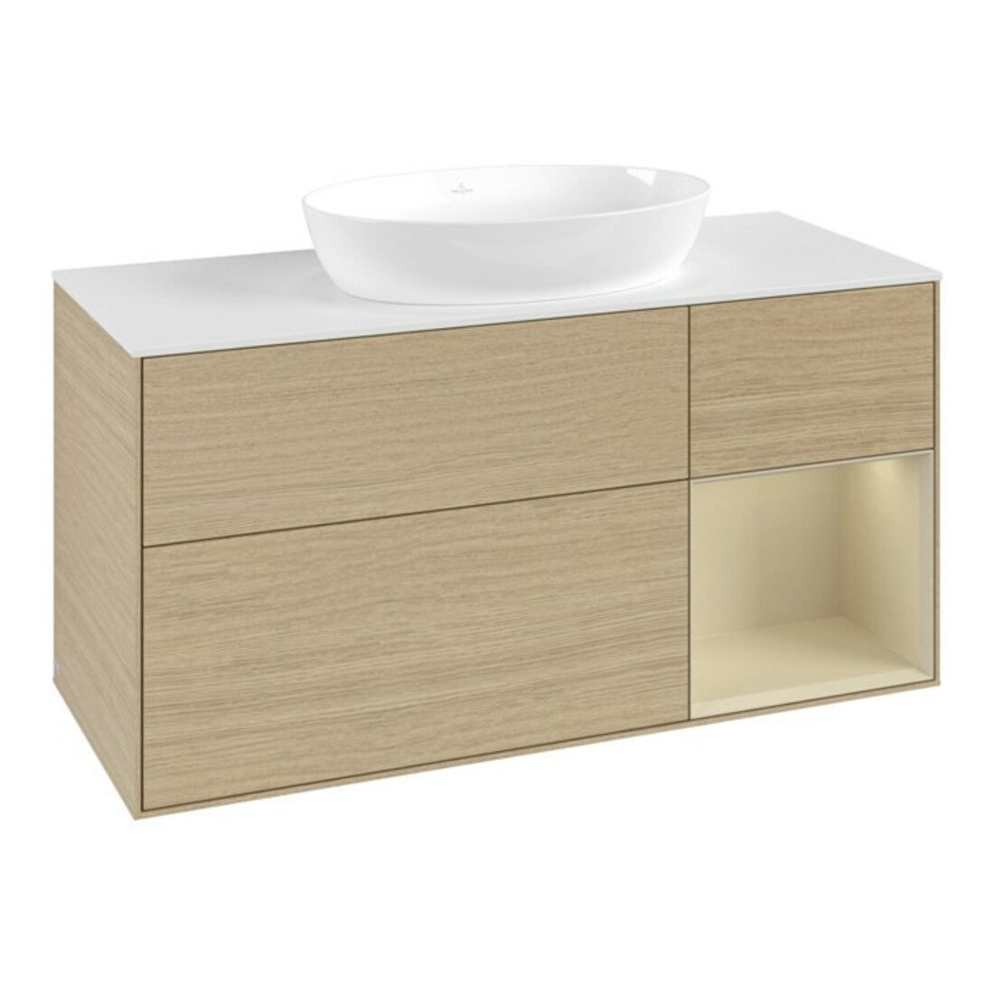 V&B Meuble sous lavabo Finion 120 cm, placage blanc, tiroir gris mat laqué, ouverture ven