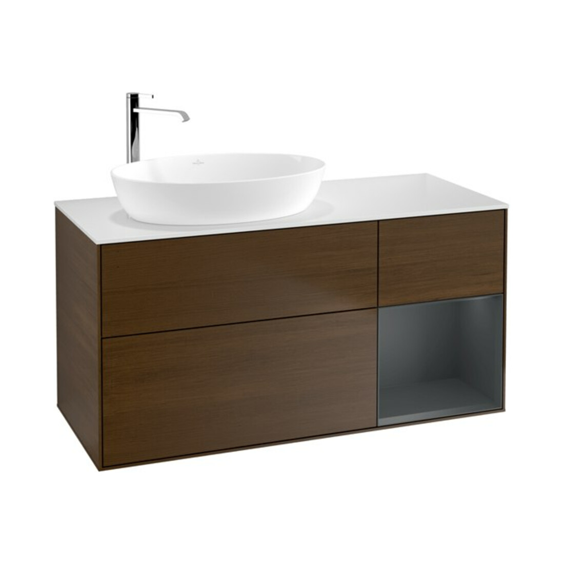 V&B Meuble sous-lavabo Finion 120 cm, placage blanc, tiroir médian avec laque, noyer veinée