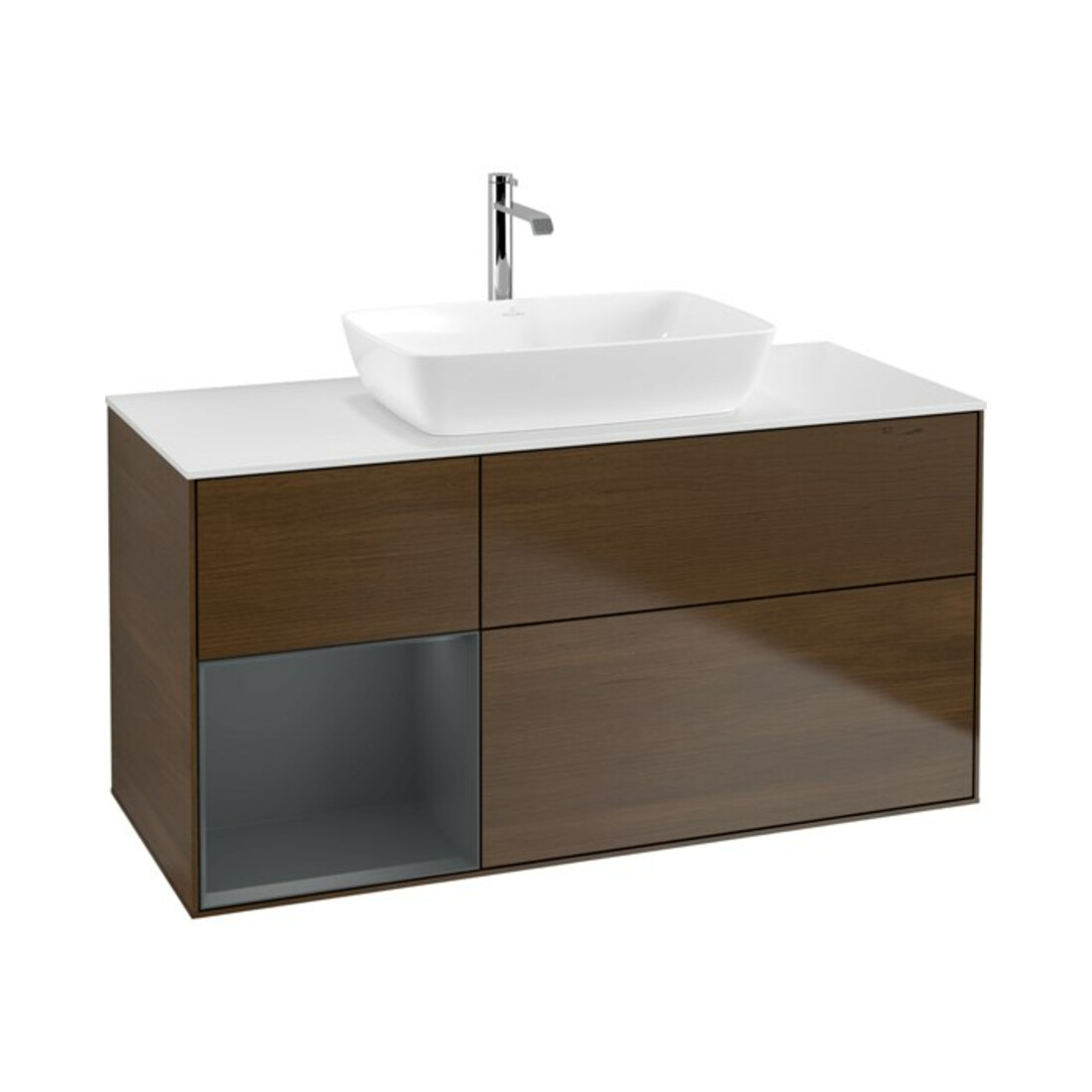 V&B Meuble sous-lavabo Finion 120 cm, placage blanc, tiroir médian, laqué, noyer veinée