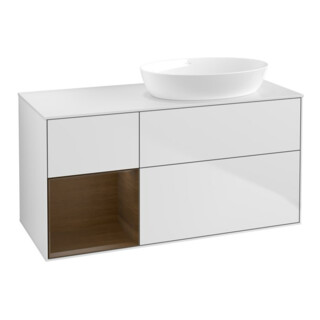 V&B Meuble sous lavabo Finion 120 cm, placage blanc, tiroir noyer veiné, blanc mat laqué