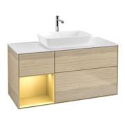 V&B Meuble sous lavabo Finion 120 cm, placage blanc, tiroir or mat, poignées ven