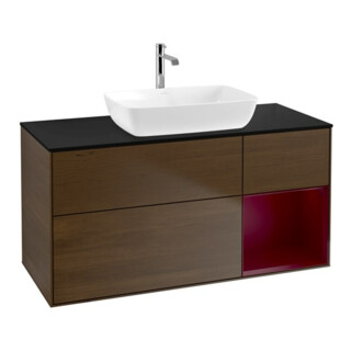 V&B Meuble sous-lavabo Finion 120 cm, placage bleu, étagère en verre laqué, noyer veinée