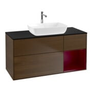 V&B Meuble sous-lavabo Finion 120 cm, placage bleu, étagère en verre laqué, noyer veinée