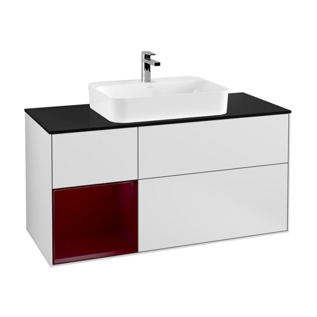 V&B Meuble sous lavabo Finion 120 cm, placage bleu, étagère gauche, blanc laqué