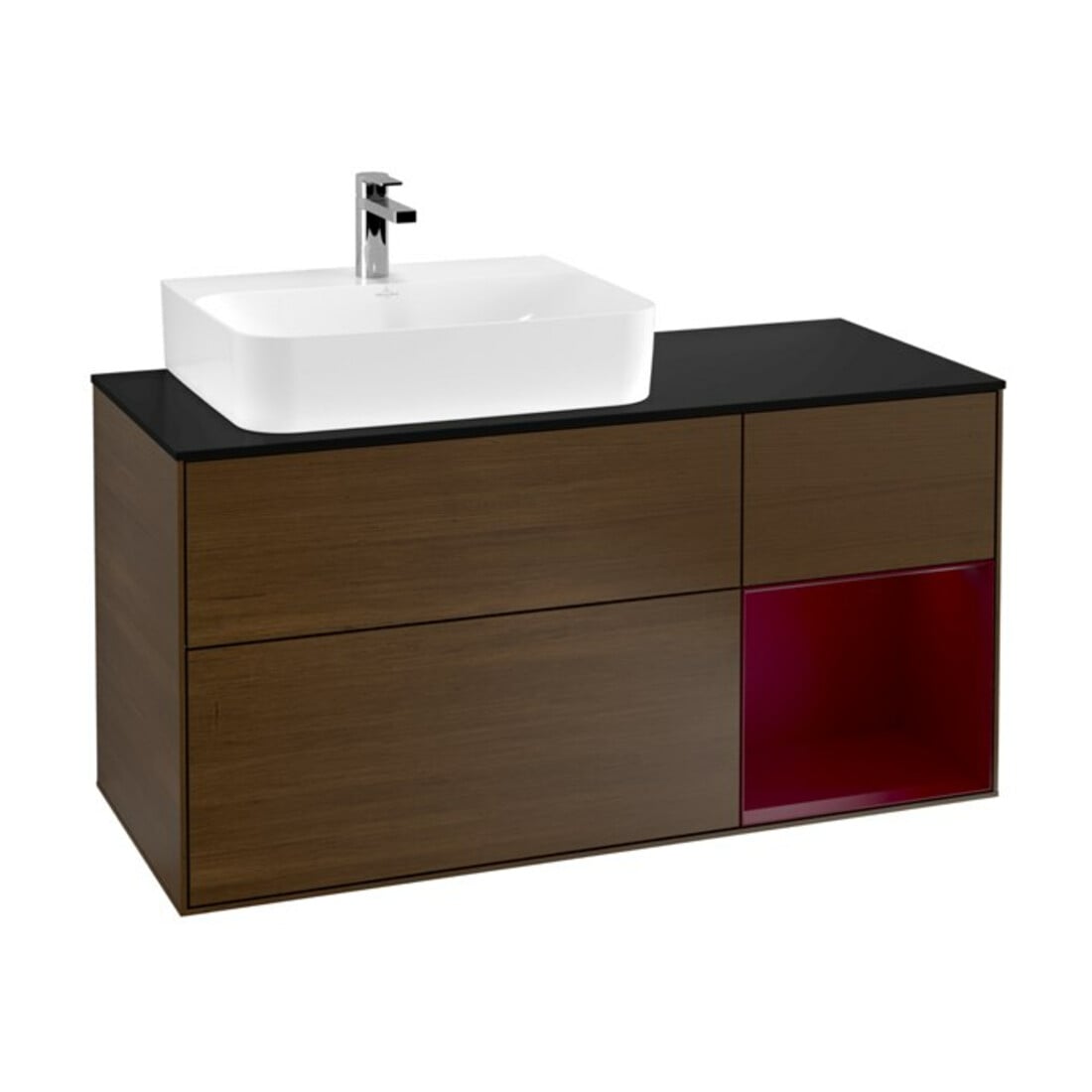 V&B Meuble sous lavabo Finion 120 cm, placage bleu, étagère gauche, noyer veinée