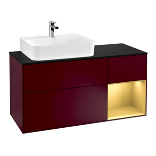 V&B Meuble sous-lavabo Finion 120 cm, placage bleu, étagère gauche, poignée métal