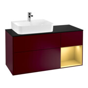 V&B Meuble sous-lavabo Finion 120 cm, placage bleu, étagère gauche, poignée métal