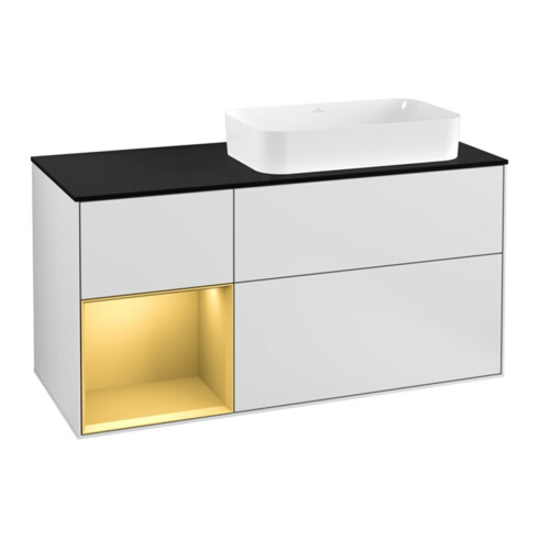 V&B Meuble sous lavabo Finion 120 cm, placage bleu, étagère gauche, poignée or, blanc mat Lac