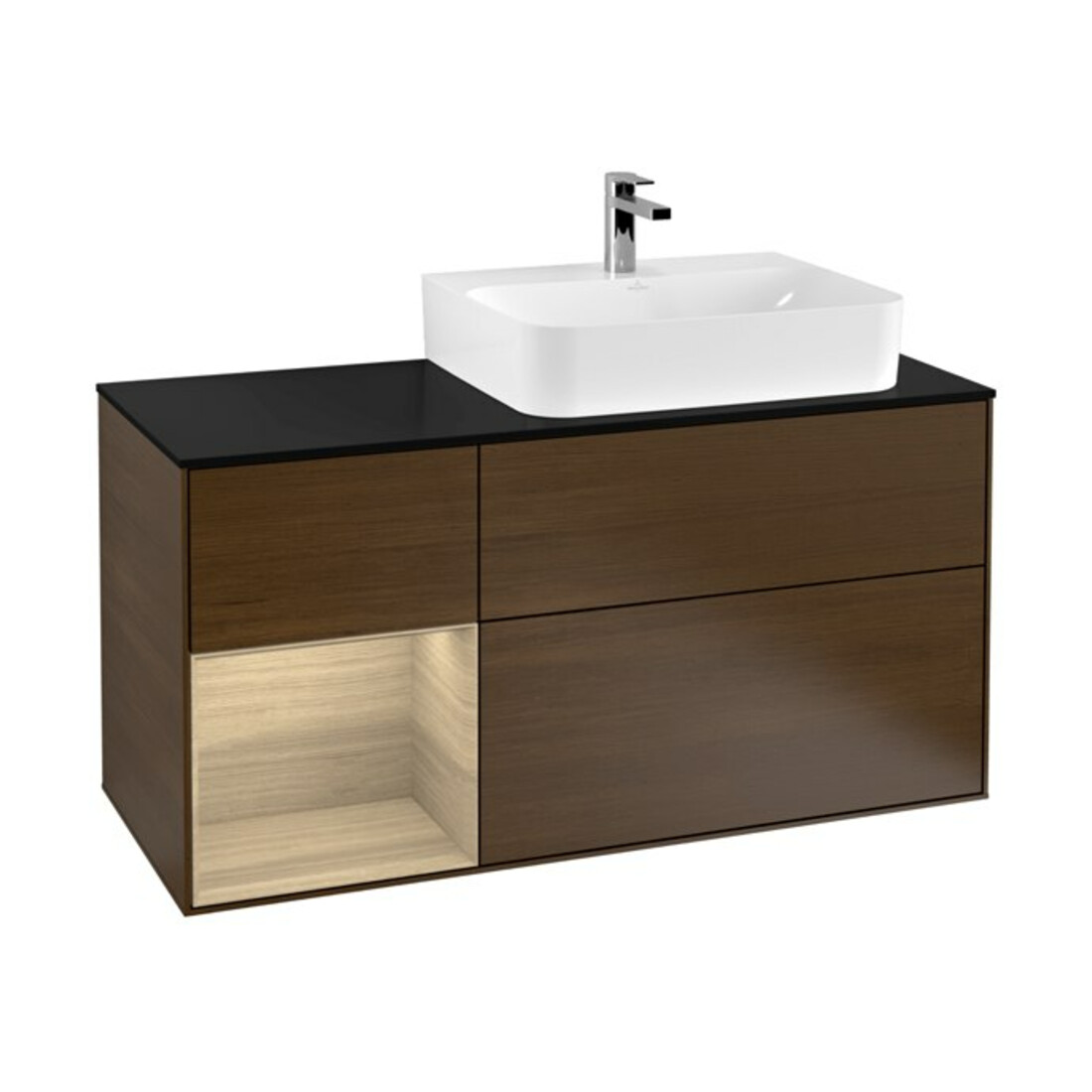 V&B Meuble sous lavabo Finion 120 cm, placage bleu, étagère gauche, ven. murale