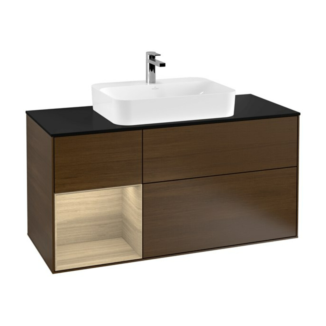 V&B Meuble sous lavabo Finion 120 cm, placage bleu, étagère gauche, ven. murale