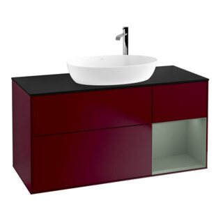 V&B Meuble sous lavabo Finion 120 cm, placage bleu, étagère huile, laqué, poignée métal