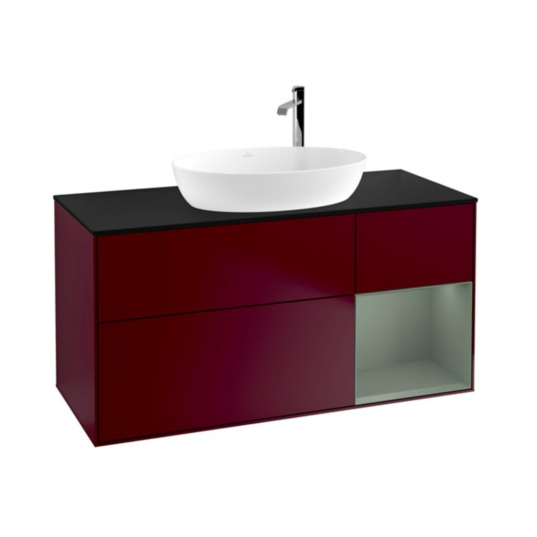 V&B Meuble sous lavabo Finion 120 cm, placage bleu, étagère huile, laqué, poignée métal