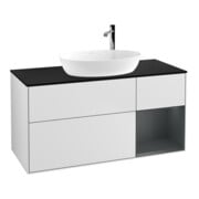 V&B Meuble sous lavabo Finion 120 cm, placage bleu, étagère médiane, laqué blanc