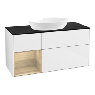 V&B Meuble sous lavabo Finion 120 cm, placage bleu, étagère ouverte, blanc brillant