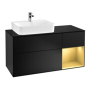 V&B Meuble sous lavabo Finion 120 cm, placage bleu mat, étagère gauche, poignée dorée, bleu mat Lac