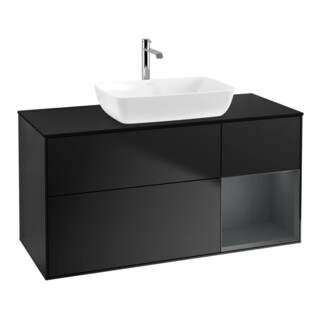 V&B Meuble sous lavabo Finion 120 cm, placage bleu mat, étagère médiane avec laque bleue mat