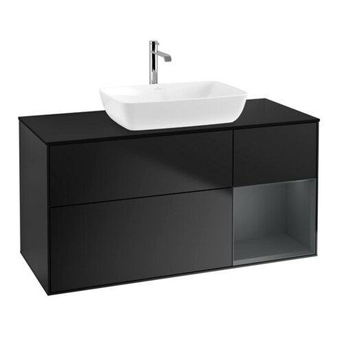 V&B Meuble sous lavabo Finion 120 cm, placage bleu mat, étagère médiane avec laque bleue mat