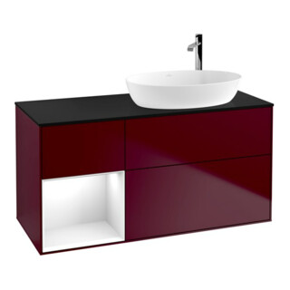 V&B Meuble sous lavabo Finion 120 cm, placage bleu mat, étagère verre blanc, laqué, poignée métal