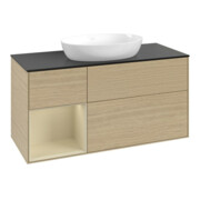 V&B Meuble sous lavabo Finion 120 cm, placage bleu mat, poignée argent mat, ouverture à pression