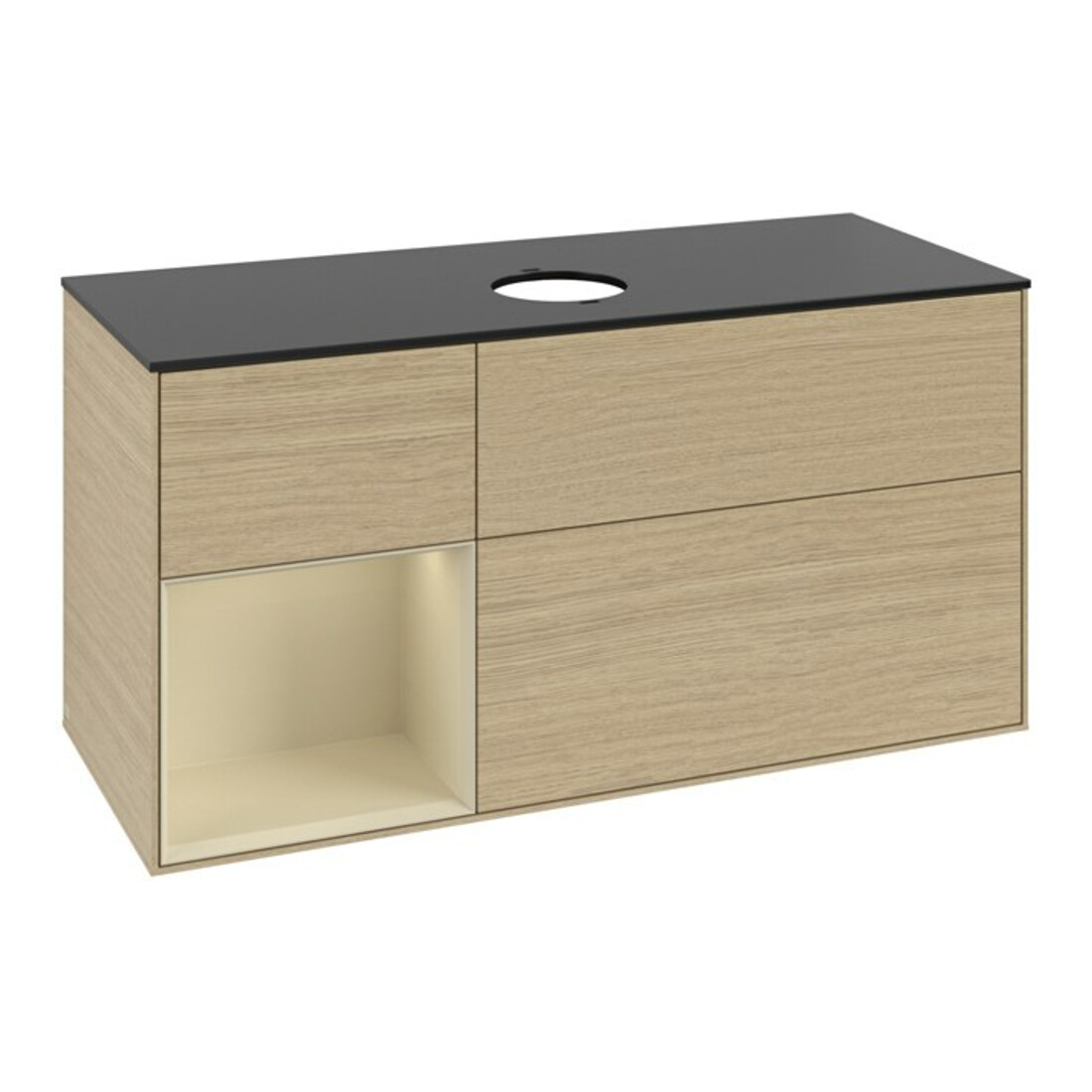 V&B Meuble sous lavabo Finion 120 cm, placage bleu mat, poignée argent mat, ouverture à pression