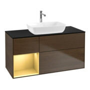 V&B Meuble sous lavabo Finion 120 cm, placage bleu mat, poignée or mat, noyer veinée