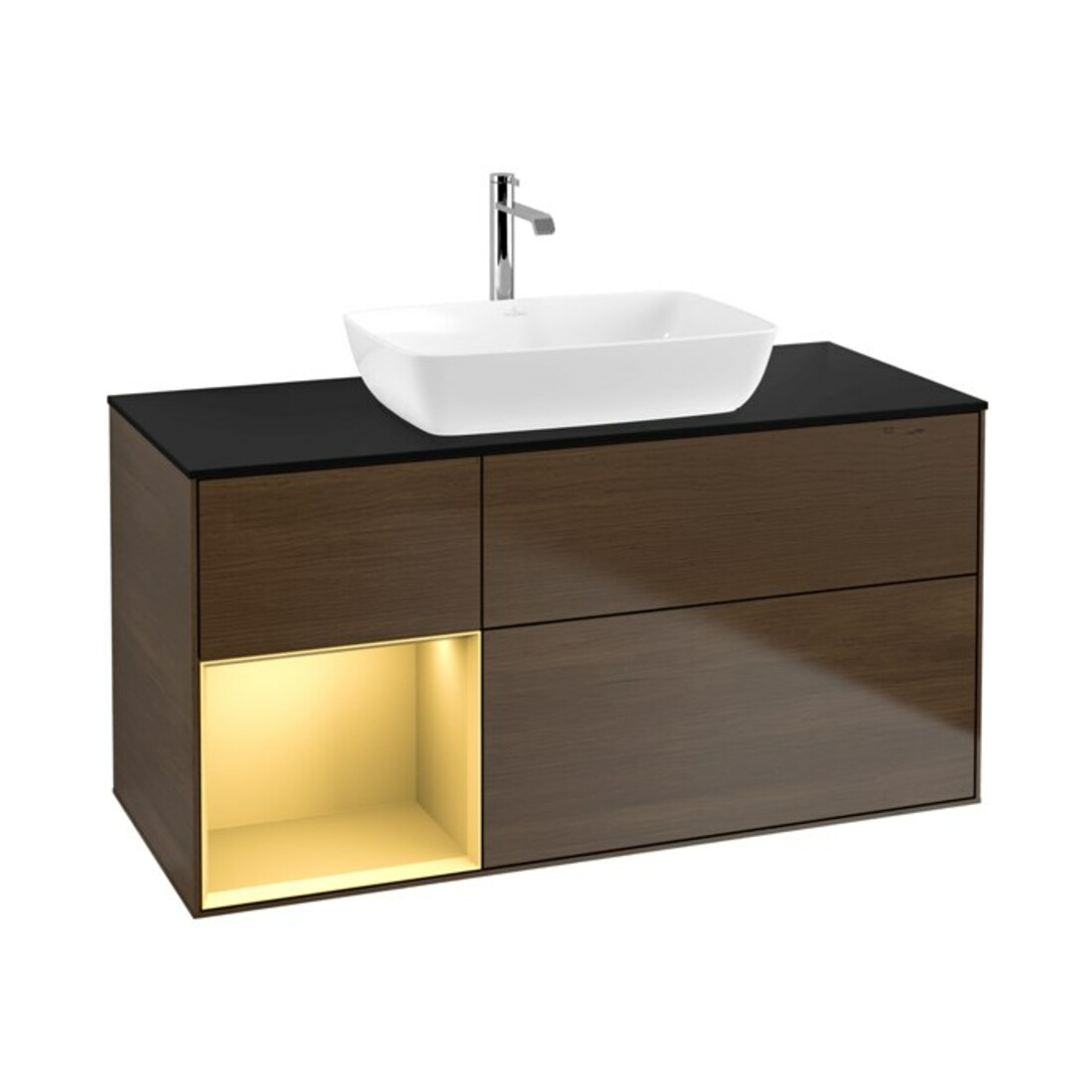 V&B Meuble sous lavabo Finion 120 cm, placage bleu mat, poignée or mat, noyer veinée