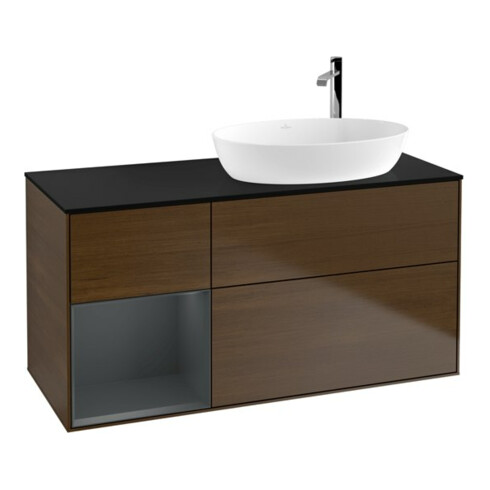 V&B Meuble sous lavabo Finion 120 cm, placage bleu mat, porte médiane en laque, noyer veinée