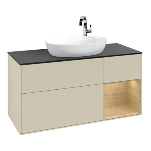 V&B Meuble sous lavabo Finion 120 cm, placage bleu mat, rangement ouvert, gris mat laqué