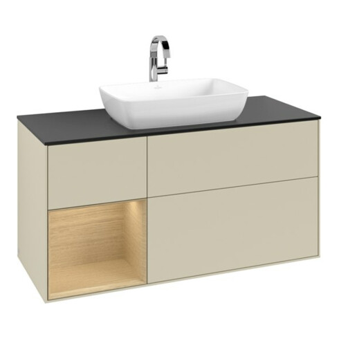 V&B Meuble sous lavabo Finion 120 cm, placage bleu mat, rangement ouvert, poignée gris mat laqué