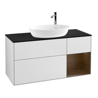 V&B Meuble sous lavabo Finion 120 cm, placage bleu mat, réglette noyer, blanc mat Lac