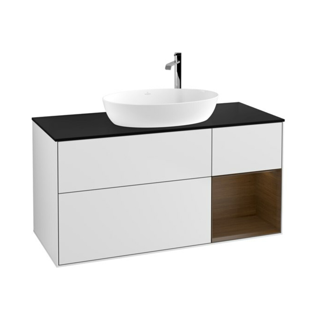 V&B Meuble sous lavabo Finion 120 cm, placage bleu mat, réglette noyer, blanc mat Lac