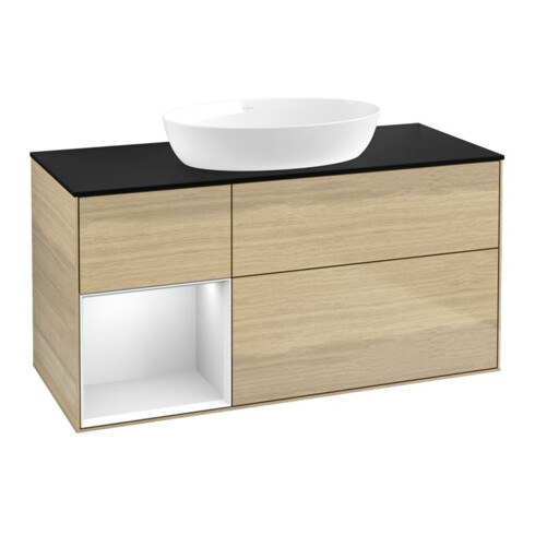 V&B Meuble sous lavabo Finion 120 cm, placage bleu, poignée blanche avec laque, ouverture ven