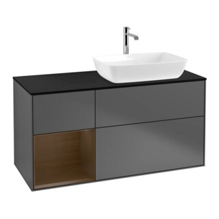 V&B Meuble sous lavabo Finion 120 cm, placage bleu, poignée en noyer, anthracite mat