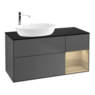 V&B Meuble sous lavabo Finion 120 cm, placage bleu, rangement ouvert, anthracite mat