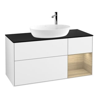 V&B Meuble sous lavabo Finion 120 cm, placage bleu, rangement ouvert, blanc brillant.